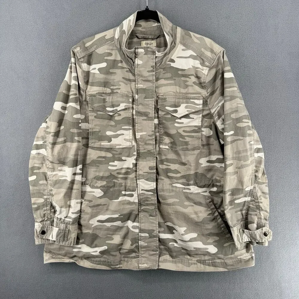 Style Co Camo Utility Jacket Womens‎ 2X Gray Military Drawstring Waist Full Zip